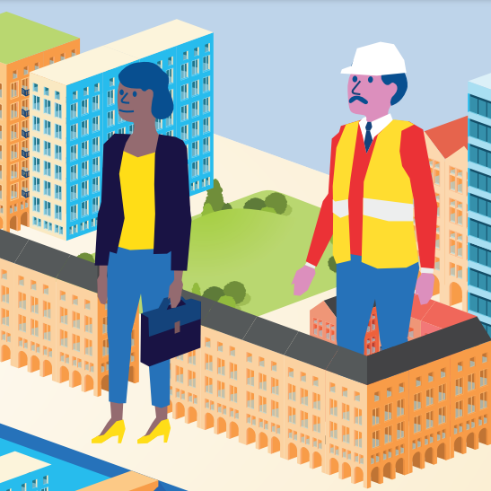 Illustration représentant deux individu, l'un est un usager, l'autre un fonctionnaire